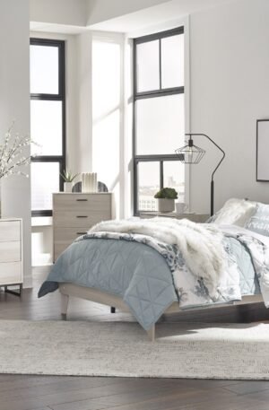 COLECCIÓN SOCALLE CONTEMPORÁNEA EN MADERA NATURAL CAMA QUEEN BURÓ CAJONERA Y PEINADOR