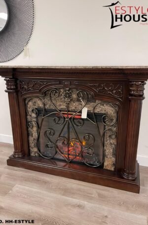 ELEGANTE CHIMENEA CON CUBIERTA DE MARMÓL Y MARCO DE MADERA ELÉCTRICA