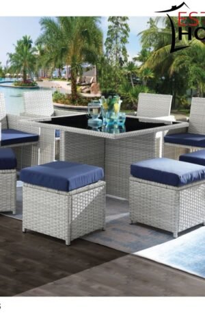 JUEGO DE PATIO DE 9 PIEZAS DE MIMBRE Y TELA COLOR AZUL