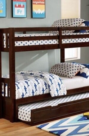 LITERA DOBLE DE MADERA CON ACABADO NOGAL OSCURO CAMA BAJA EXTENSIBLE Y NIDO