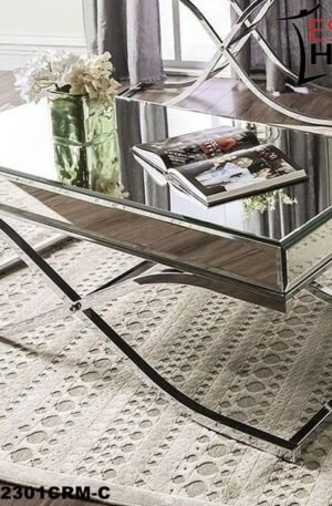 MESA CENTRAL DECORATIVA DE ESPEJO PLATEADO CON BASE DE METAL CROMADO