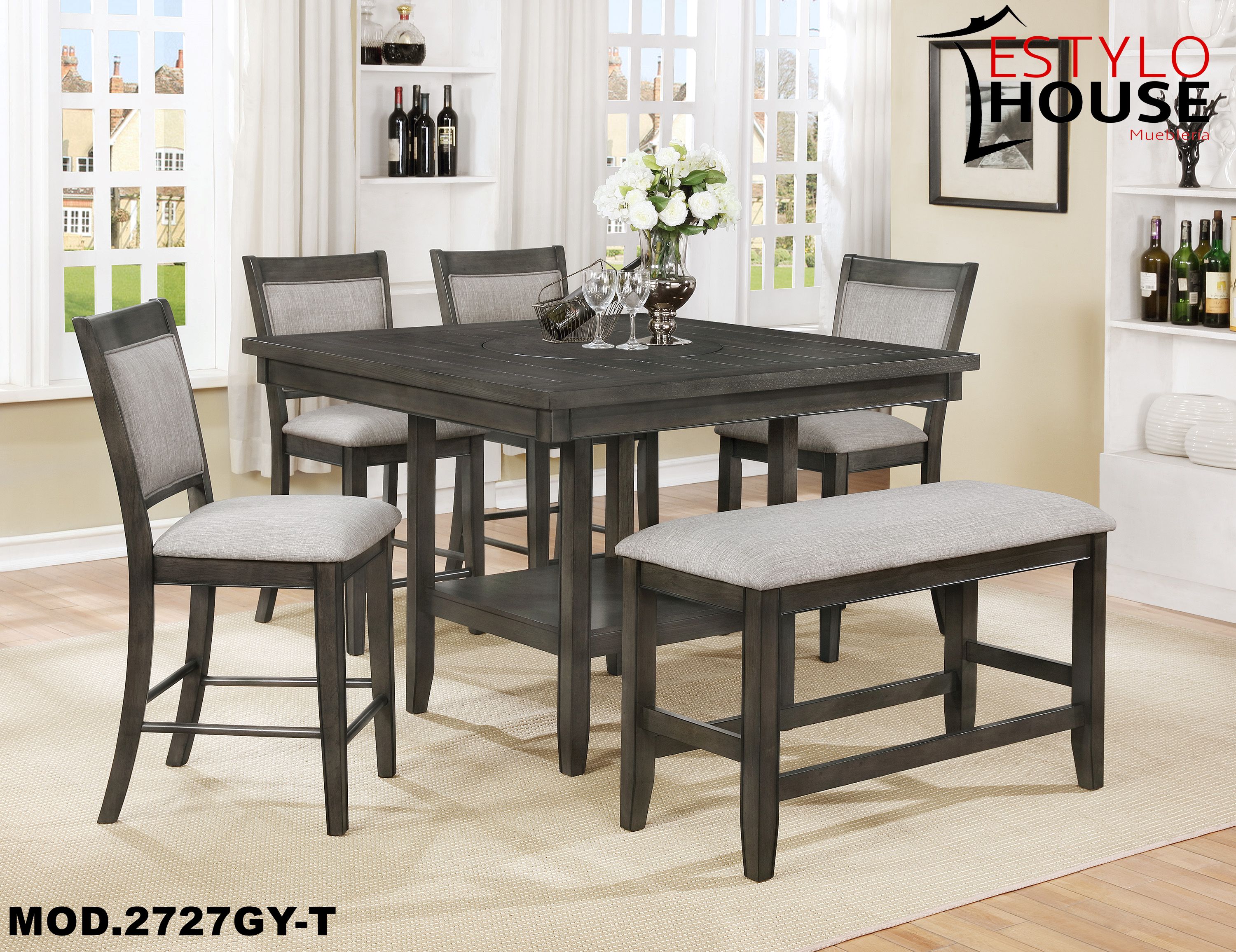 COMEDOR ALTO DE MADERA ACABADO EN GRIS 4 SILLAS 1 BANCA LAZY SUSAN